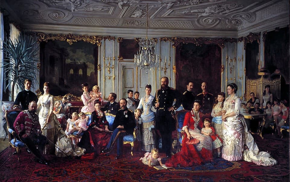 The Family of Christian IX of Denmark, a large painting of the Danish royal family in a palace hall